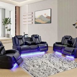 Power Electric Black Leather Fully Reclining Three Piece Couch Set