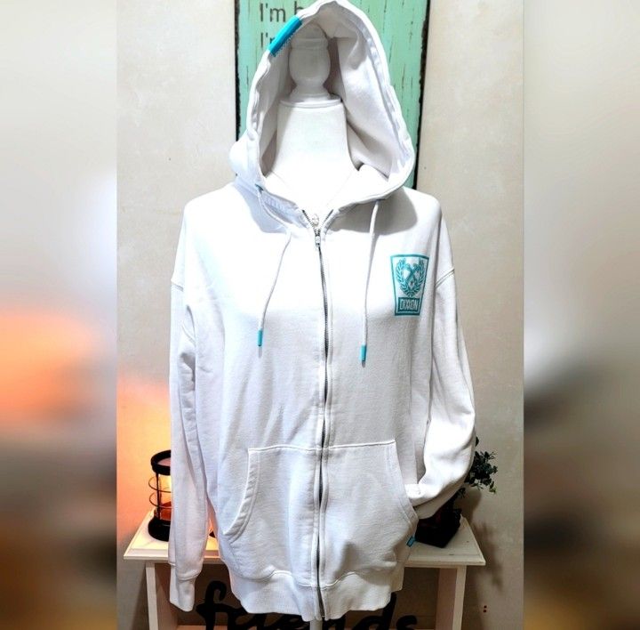 Dixxon Flannel Unisex White Zip-Up Hoodie with Light Blue Logo