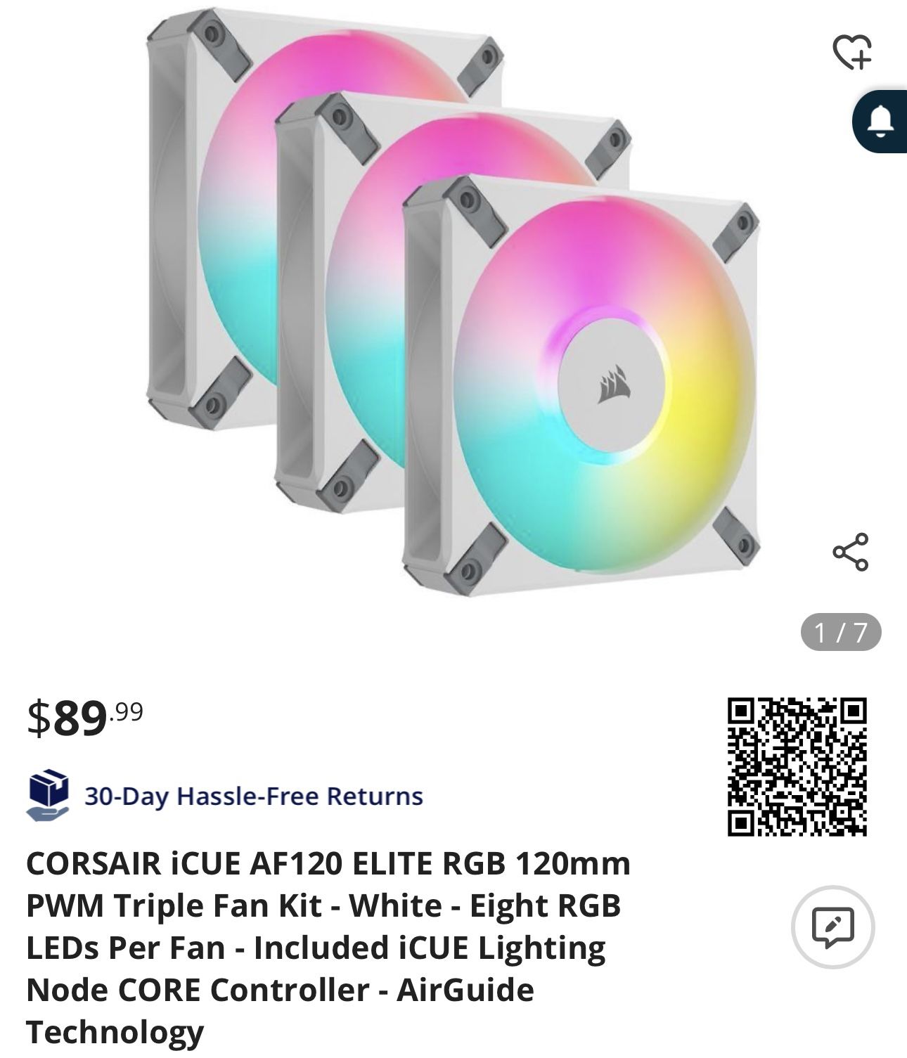 CORSAIR iCUE AF120 ELITE RGB 120mm PWM Triple Fan Kit - White - Eight RGB LEDs Per Fan