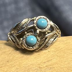 5037-PTT Vintage Silver Tone Adjustable Turquoise Bead Ring Sarah Coventry Sz 8