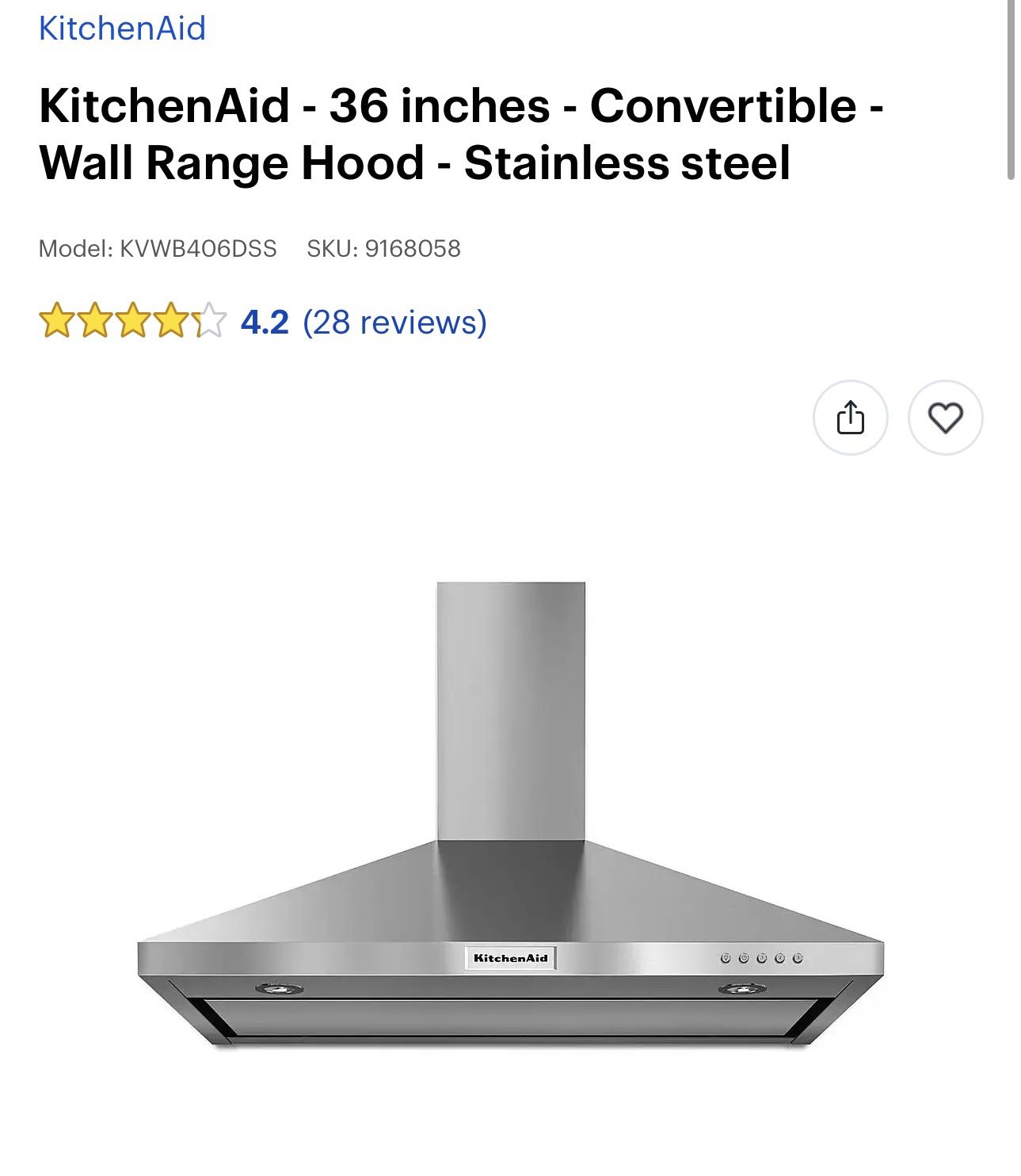 KitchenAid 36 Inches - Convertible Wall Range Hood