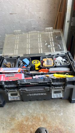 Husky tool box with variety of drill bits and a screw box with variety of screws  $50