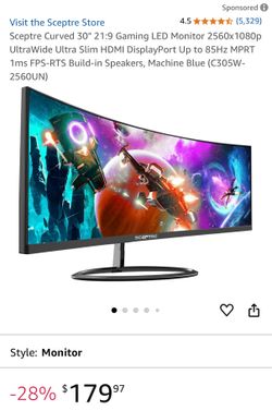Sceptre Curved 30" 21:9 Gaming LED Monitor 2560x1080p UltraWide Ultra Slim HDMI DisplayPort Up to 85Hz MPRT 1ms FPS-RTS Build-in Speakers
