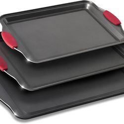 Non Stick Baking Pans Cookie Sheets for Baking with Red Silicone Handles 3pc Set Large