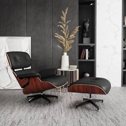J293-Mid Century Chaise Lounge Chair with Ottoman, Top Black Grain Leather, Modern Office Chair Classic Design, Heavy Duty Base Support for Living Roo