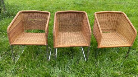 (3) Wicker Chairs with Silver Metal Frames