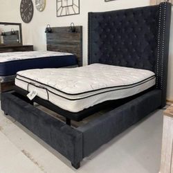 Black Mirabelle Tufted Panel Headboard Queen Bed ✅ Fastest Delivery 🚚 Brand New💥
