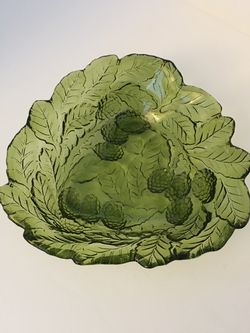 Vintage Avocado Green Indiana Glass Loganberry Pattern Candy Dish / Bon Bon Bowl