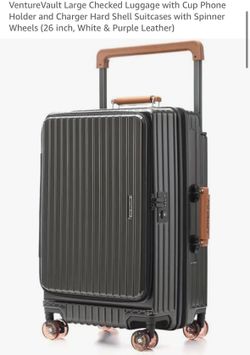 VentureVault Large Checked Luggage with Cup Phone Holder and Charger Hard Shell Suitcases with Spinner Wheels