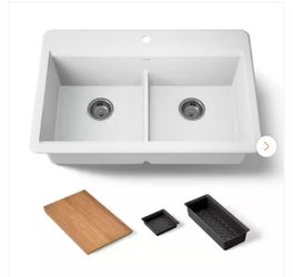 KOHLER Lassen 33 in. Drop-in Double Bowl Granite Composite Kitchen Workstation Sink in Matte White with Accessories