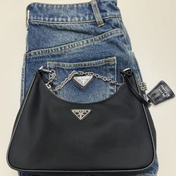 Authentic Prada Designer Set — Nylon Bag + Denim Mini Skirt