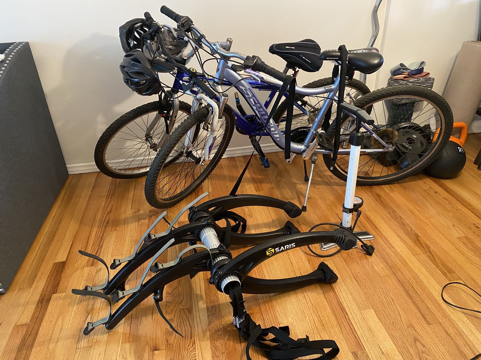 Mountain Bikes, Rack, Manual Pump, Helmets & Bike Lock 