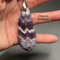 Chevron Amethyst Genuine Stone Pendant Necklace With Black Leather Cord