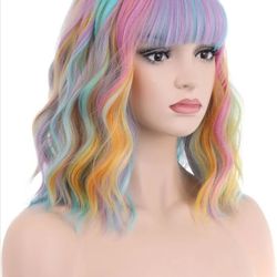 14 Inches Rainbow Wig Short Wavy Pastel Wig with Bangs Multi Color Wig