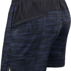 Mens Running Shorts 7 inch Quick Dry Workout Running or Gym Training Short with Zipper Pockets (Dark Blue, L)