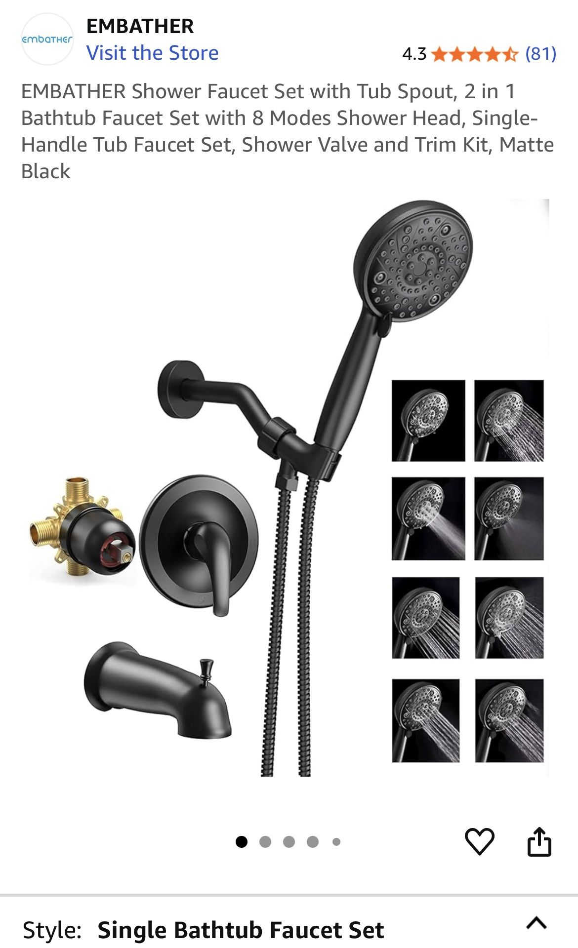EMBATHER Shower Faucet Set with Tub Spout, 2 in 1 Bathtub Faucet Set with 8 Modes Shower Head, Single-Handle Tub Faucet Set, Shower Valve and Trim Kit
