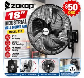 ZOKOP 18” Industrial Wall Mount Fan – Model 318 – New