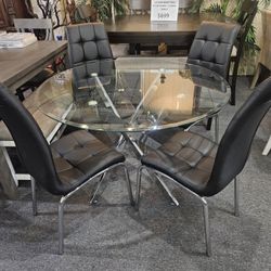 Brand New 45" Round Glass Dining Table + 4 Black Faux Leather Chairs
