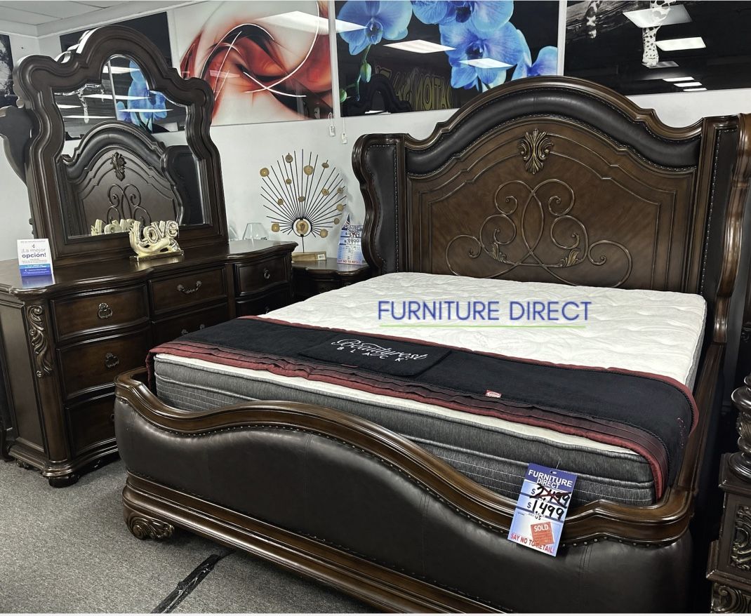 Beautiful Wood And Leather Five Piece Bedroom Furniture Set Now 70% Off With A Free Mattress