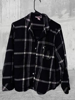 Victoria's Secret Women's Plaid Flannel Collared Button Pajama Top M Black