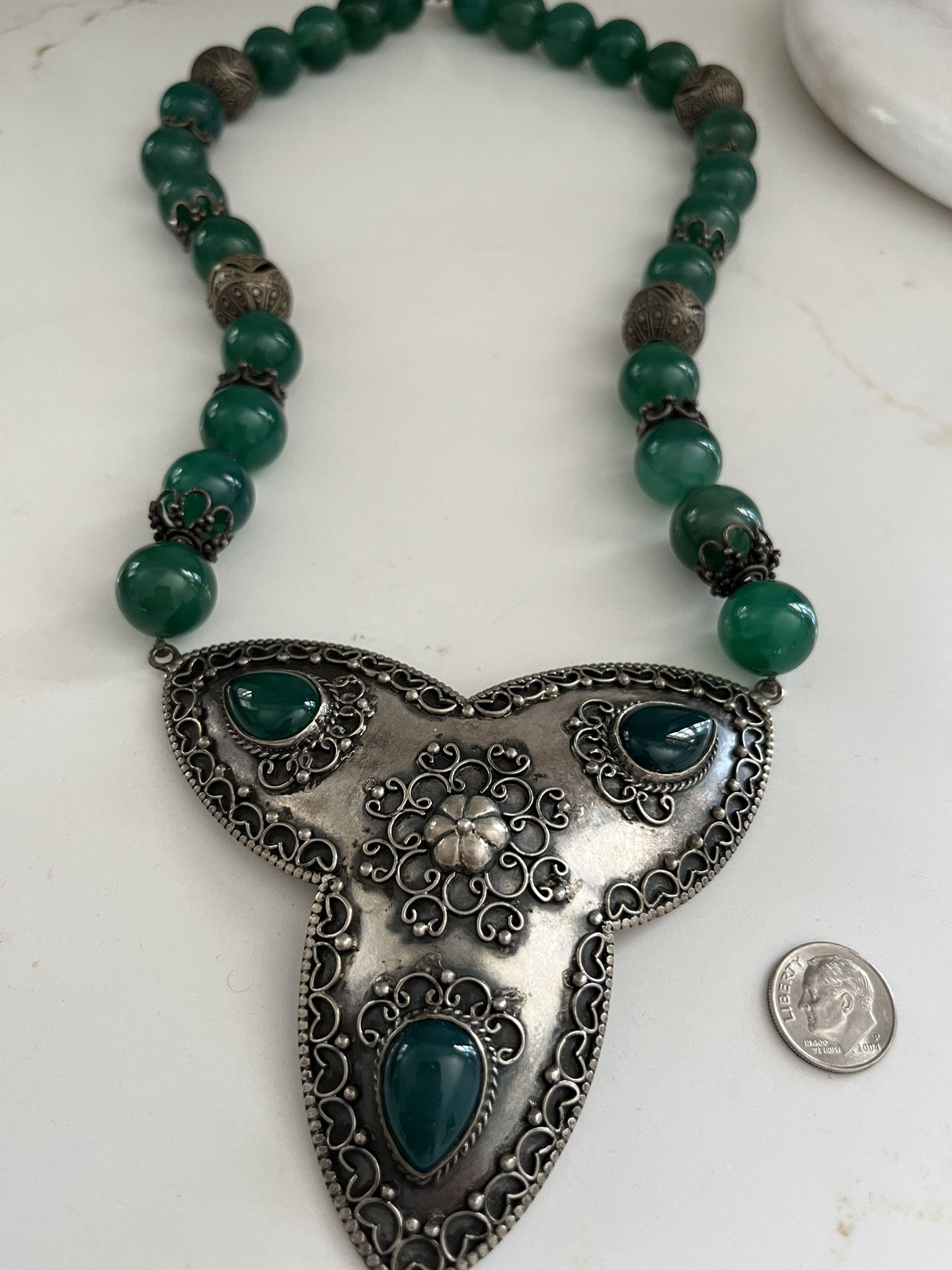 Green Agate Stone  Neckless With 925 Sterling Sliver Big Pendant 