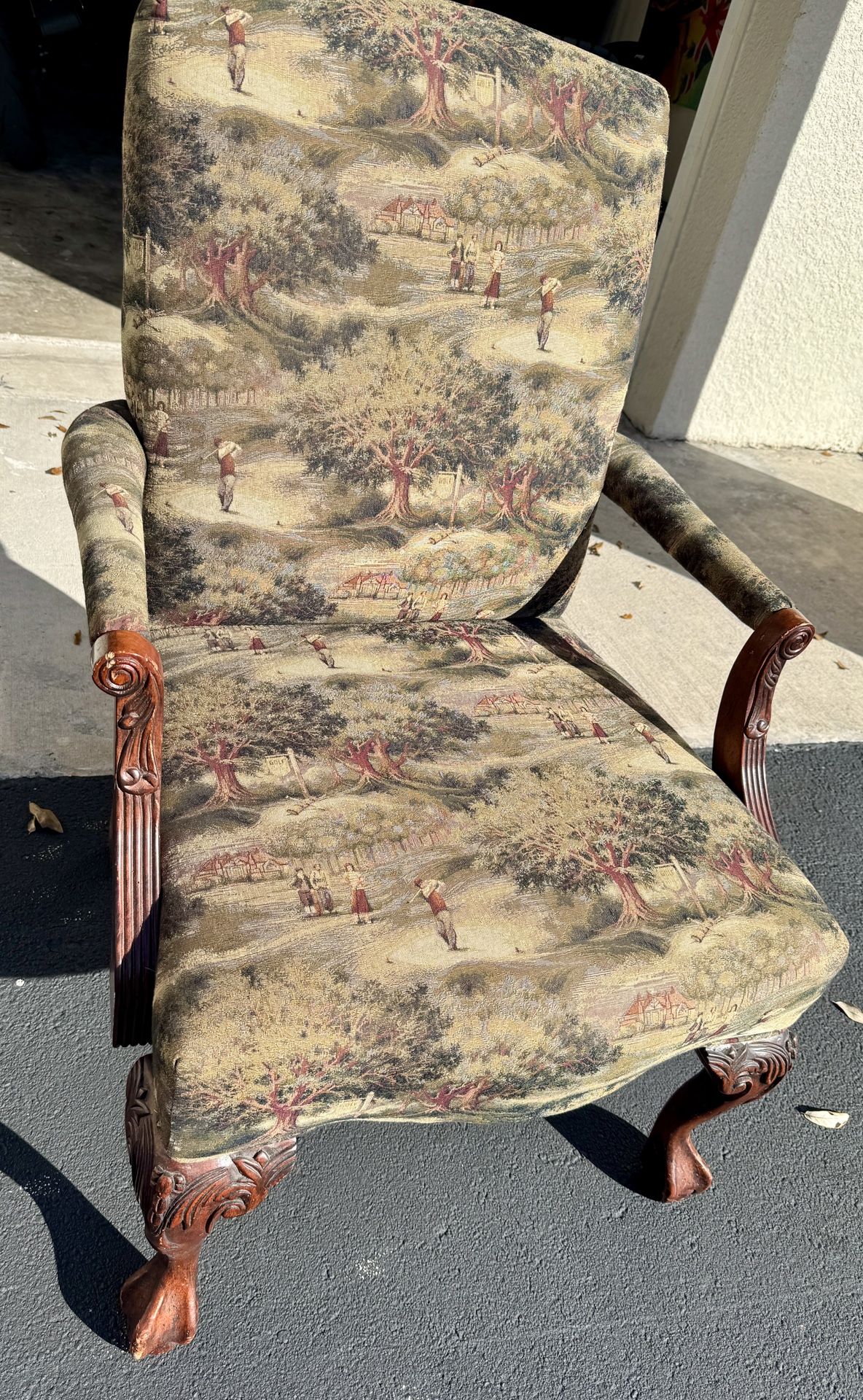 Vintage Wooden Arm Chair Golf Theme Fabric