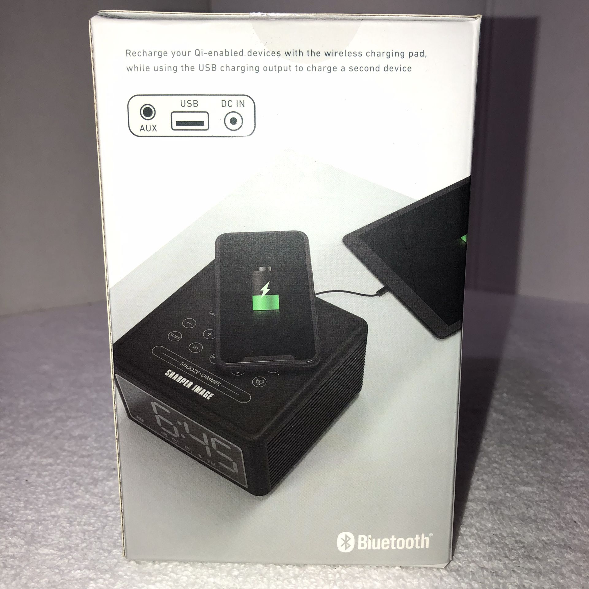 Sharper Image Wireless Charger Dock, Speaker, and Alarm Clock with