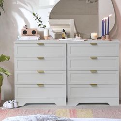 2pcs 4 Drawers Dresser, Wooden Dresser for Bedroom with Large Drawer and Gold Handles Storage Chest Cabinet Organizer Living Room Closet Hallway, Ligh