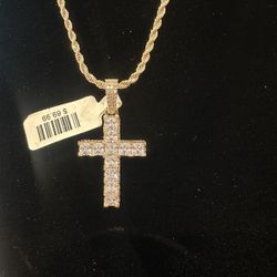  14K Gold Over 925 Cross w/ Moissanite + 20” Rope Chain