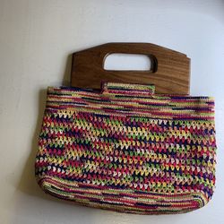 Boho Straw  Multi Colored Crochet Hand Bag with Large Wood Handles