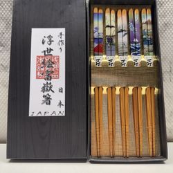 Japanese Souvenir Chopsticks Set of 5 Pairs Hand Colored Gold 9inch Length New