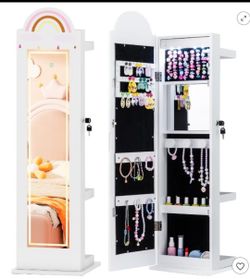 3 In 1 Kids Jewelry Cabinet w/3-Color Lighted Full Length Mirror Clothes Rack White