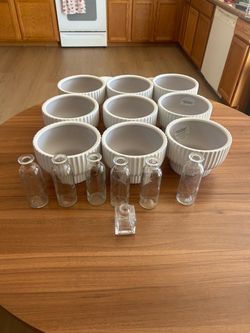 9 White Ceramic Planters + Glass Bud Vases – Wedding/Event Decor