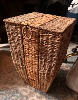 Tall Woven Seagrass Wicker Laundry Hamper w/ Lid – Boho Storage Basket –