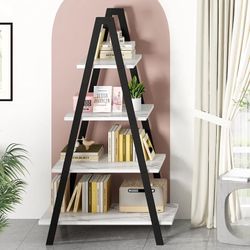 4-Tier Ladder Bookshelf, Standing Bedroom Ladder Shelf, Open Display Shelves, Plant Stand Shelf Indoor, MDF Bookshelves for Living Room, Office, Small