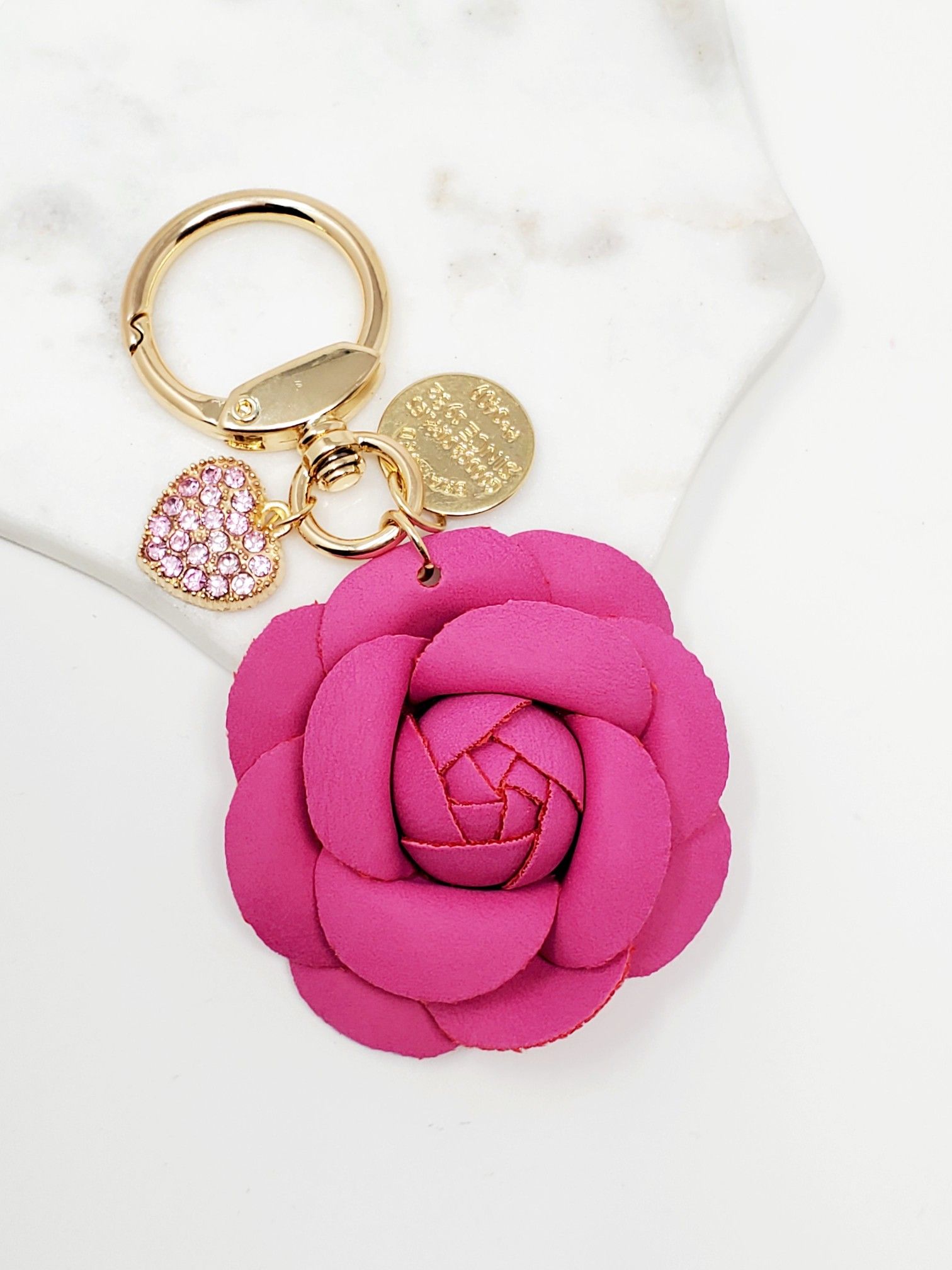 Pink camellia flower heart bagcharm keychain (Last one)