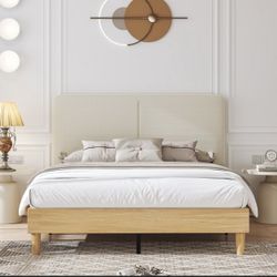 VECELO Platform Bed Frame Upholstered Beds with Height-Adjustable Cotton and Linen Headboard, Bed Frame Beige Queen Bed