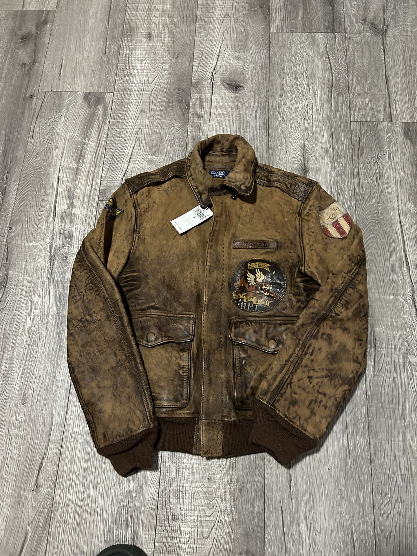 Polo Ralph Lauren Leather Pilot Patch Cow Hide Brown Bomber Jacket Brown Size Small