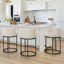 LUE BONA 26.8" Counter Height Bar Stools Set of 3, 180° Swivel Bar Stools, Modern Barrel Counter Stools with Back and Metal Frame, Fabric Upholstered 