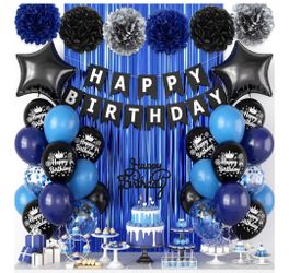 Blue and Black Birthday Decorations, Navy Blue Black Printed Latex Balloons Fringe Curtain Banner Paper Flower Star Foil Balloons for Men Boys Birthda