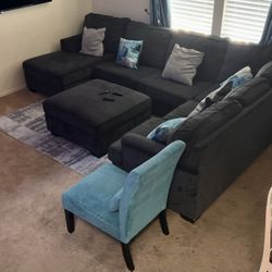 Sectional W/ Ottoman - Teal Chair And Pillows