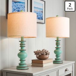 20" Distressed Teal Bedside Lamps Set of 2, Hand-Painted Vintage Resin Lamps with Linen Shades, Cottage Farmhouse Lamp for Living Room, Bedroom, and H
