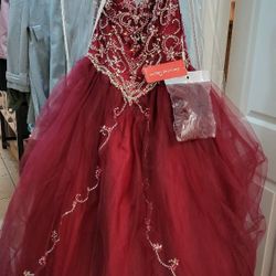 Quinceañera Dress Red/ Diamonds Decor