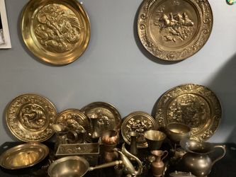 Vintage English Brass Plates & vintage kitchenware lot