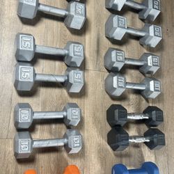 Two Sets of Hex Dumbbells Regular and Cheaper: Pairs of 5s, 8s, 10s, 15s and 20s.