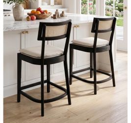 Rattan Counter Height Bar Stools Set of 2, 26" Wooden Bar Stools