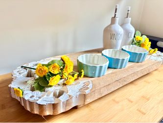 Hand-Carved Solid Mango Wood Serving Tray | Farmhouse Decorative Bread Board | Rustic Whitewashed Fl