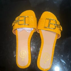 Yellow Croc-Embossed Slide Sandals with Gold Hardware