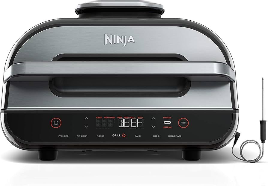 Ninja FG551 Indoor Grill Air Fryer Foodi Smart XL 6in1 Grill Air Fry Roast Bake Broil Dehydrate Crisp Smart Thermometer Splatter Shield Dishwasher Saf