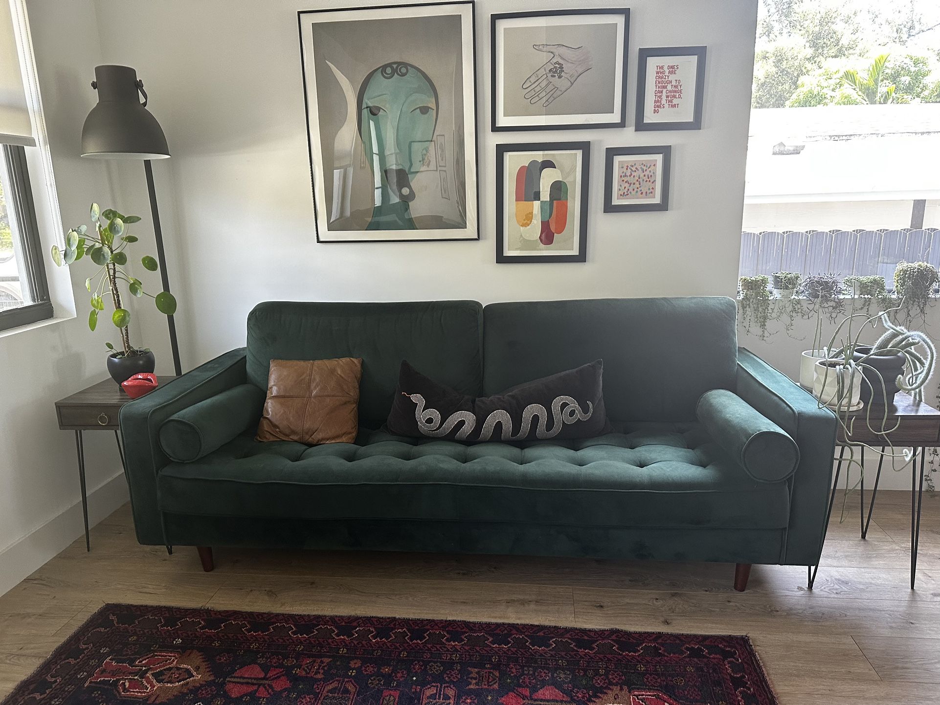 Green Velvet Couch and Wingback Chair And Ottoman. Excellent Condition.